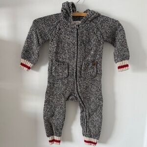 Roots Gray Hooded Knit Footie with Cream & Red Trim